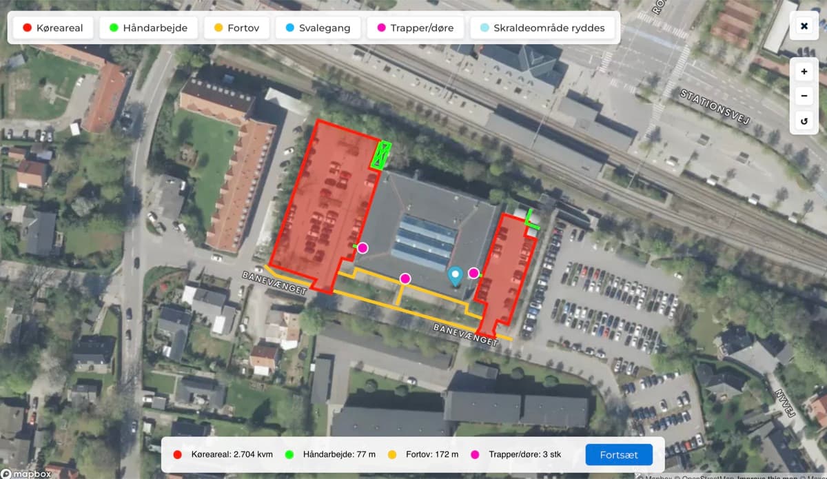 Ritverktyg med servicezoner markerade på en satellitkarta
