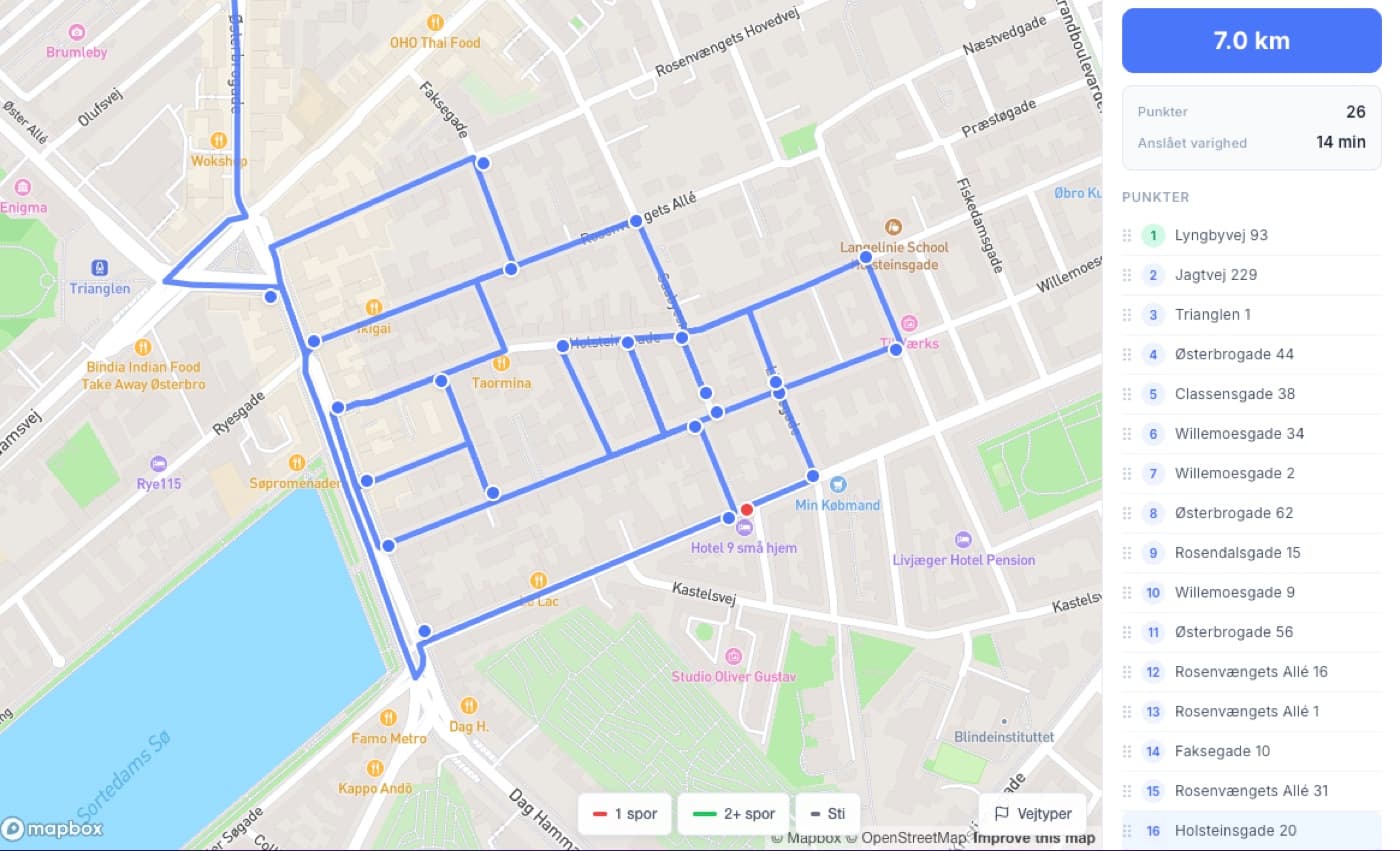 Optimerad snöröjningsrutt genom Köpenhamn Østerbro med 26 stopp över 7 km